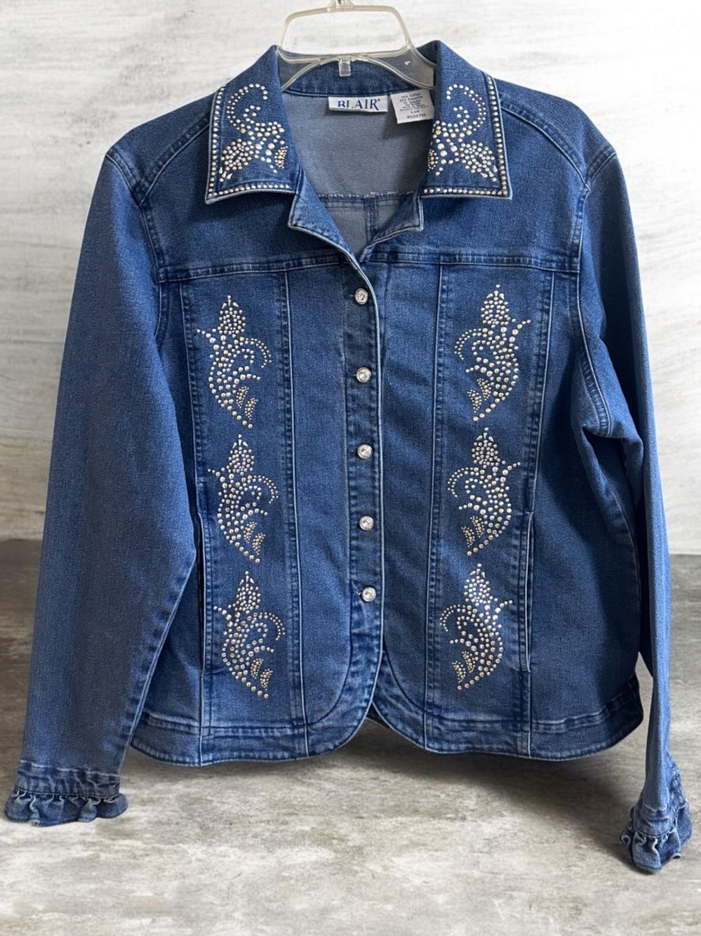 VTG Embellished Stretch Denim Jacket Rhinestone Western Boho Blue Large *Flaw*